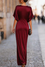 Solid Color Round Neck Short-sleeved Elegant Draped Maxi Dress