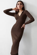 Polo Collar Ribbed Knit Deep V-Neck Long Sleeve Bodycon Midi Dress