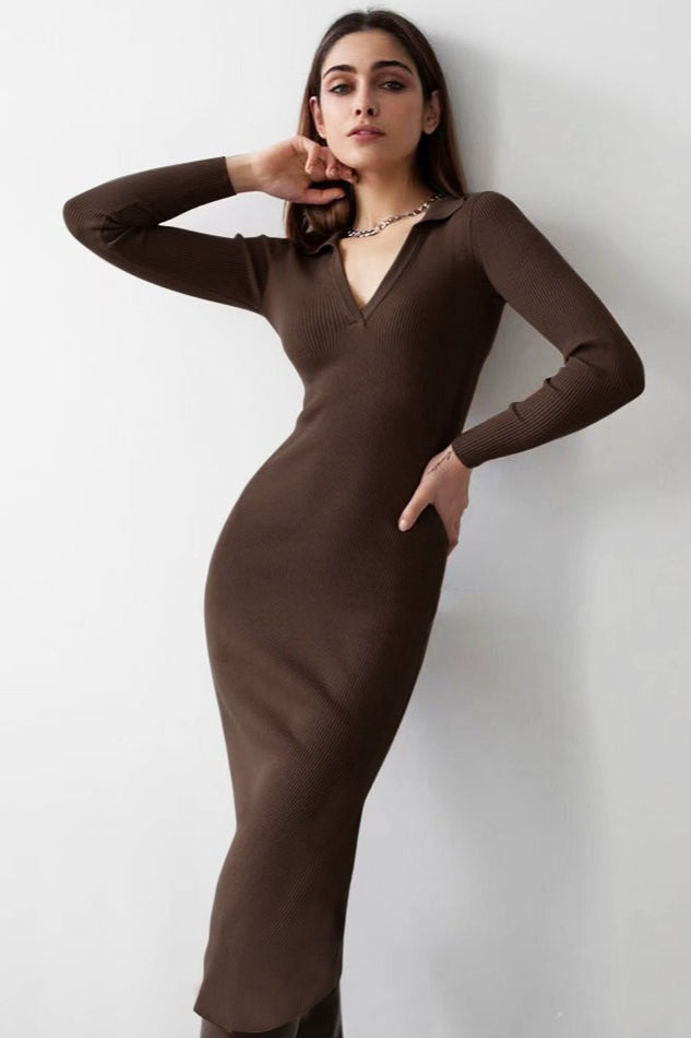 Polo Collar Ribbed Knit Deep V-Neck Long Sleeve Bodycon Midi Dress