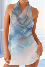 Floral Print Halter Neck Cowl Neck Backless Mini Dress
