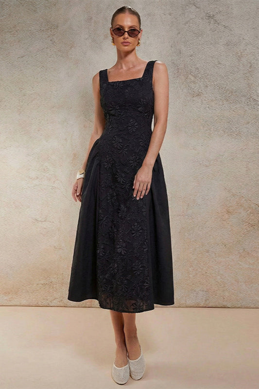 Black Embroidered Sleeveless Midi Dress