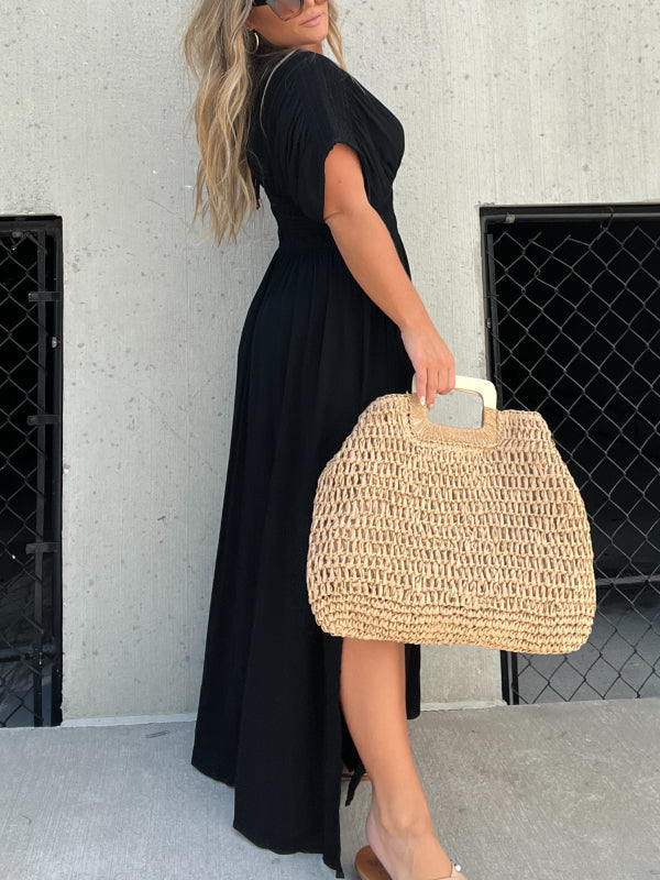 Deep V-Neck Flutter Sleeve Smocked Waist Pocket Side Slit Maxi Dress