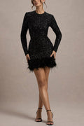 Sequin Long Sleeve Feather Trim Bodycon Mini Dress