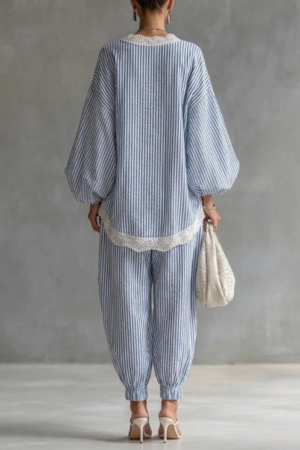 Striped Printed V-neck Lantern Sleeve Lace-trimmed Loose Top and Elastic Waist Casual Wide-leg Pants Set