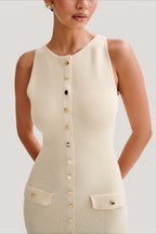 Ribbed Knit Sleeveless Button Down Crewneck Flap Pocket Bodycon Midi Sweater Dress