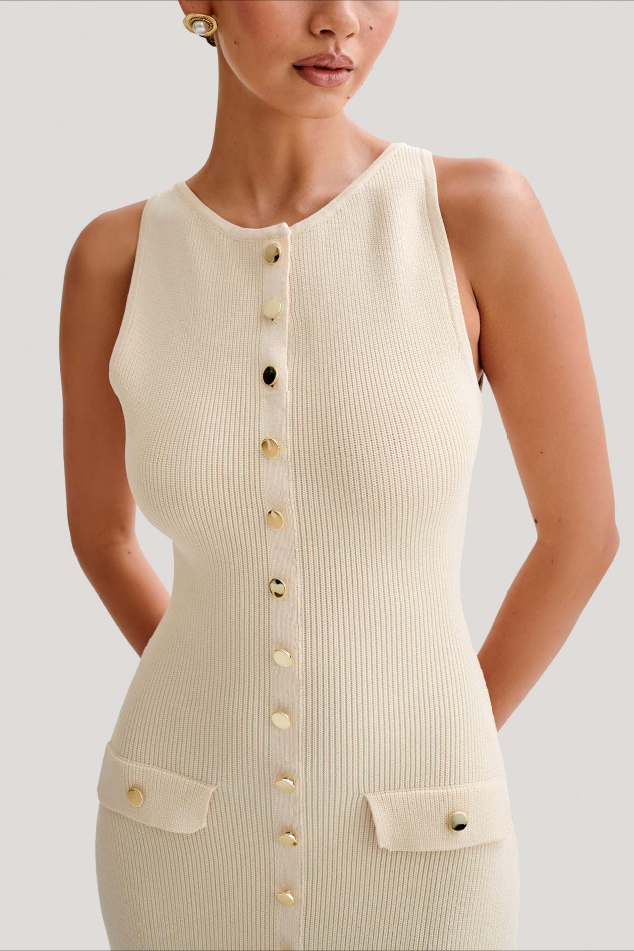 Ribbed Knit Sleeveless Button Down Crewneck Flap Pocket Bodycon Midi Sweater Dress