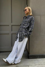Vintage American Plaid Double-Pocket Mid-Length Blouse