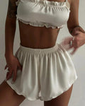 Silky Sleeveless Ruffles Camisole Top Two Piece Shorts Set