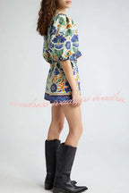 Elouise Linen Blend Unique Print Button Puff Sleeves Tie-up Pocketed Romper