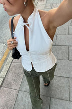 Vintage Tie Halter Peter Pan Collar Off Shoulder Tank Top