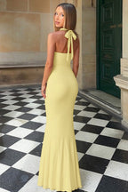 Ribbed Halter Neck Twist Front Keyhole Cut Out Ring Detail Bodycon Maxi Dress