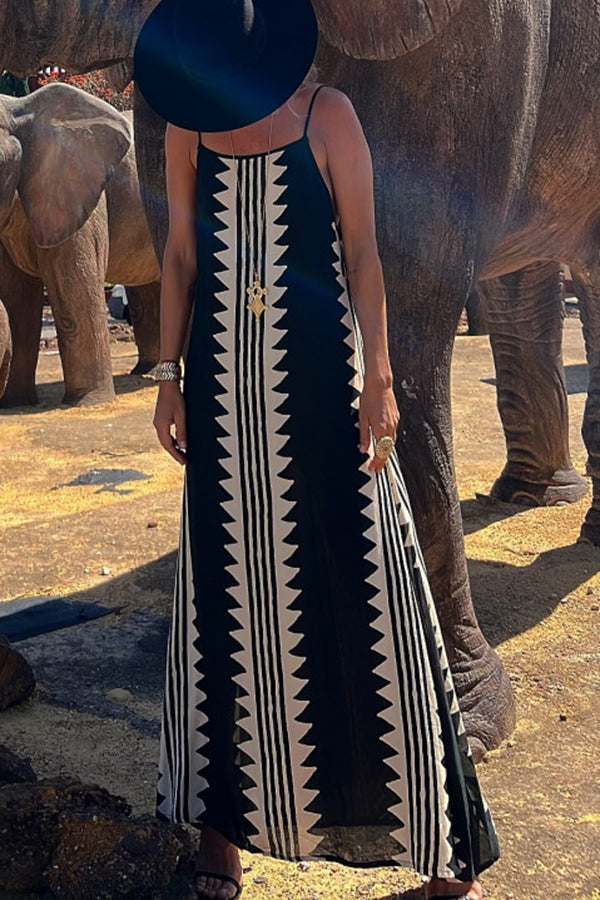 Geometric Tribal Print Square Neck Spaghetti Strap Maxi Dress