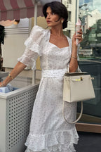 Polka Dot Puff Sleeve Ruffle Cuff Tiered Ruffle Midi Dress