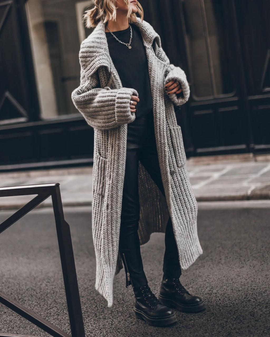 Chunky and Warm Knit Button Pocketed Oversized Midi Cardigan