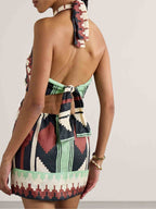 Halter Neck Geometric Tribal Print Side Cut Out Mini Dress
