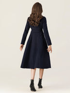 Woolen Flared Coat For Woman Stand Collar Dark Navy Vintage Double-breasted Winter Midi Outerwear 2026