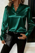 Solid Color Satin Loose V-neck Long-sleeved Casual Shirt