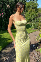 Spaghetti Strap Backless Ditsy Floral Print Bodycon Maxi Dress