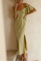 Satin Off Shoulder Flutter Sleeve Sweetheart Ruched Side Slit Midi Dress