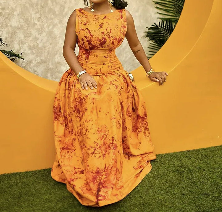 Batik Print Round Neck Sleeveless Pleated Full Skirt Maxi Dress