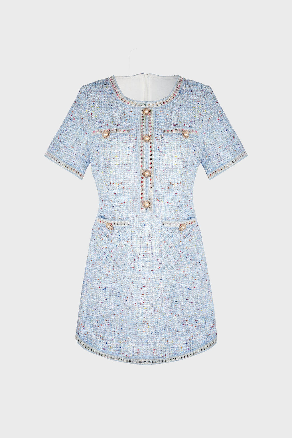 Round Neck Tweed Button Front Flap Pocket Braided Trim Mini Dress