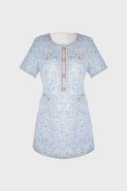 Round Neck Tweed Button Front Flap Pocket Braided Trim Mini Dress
