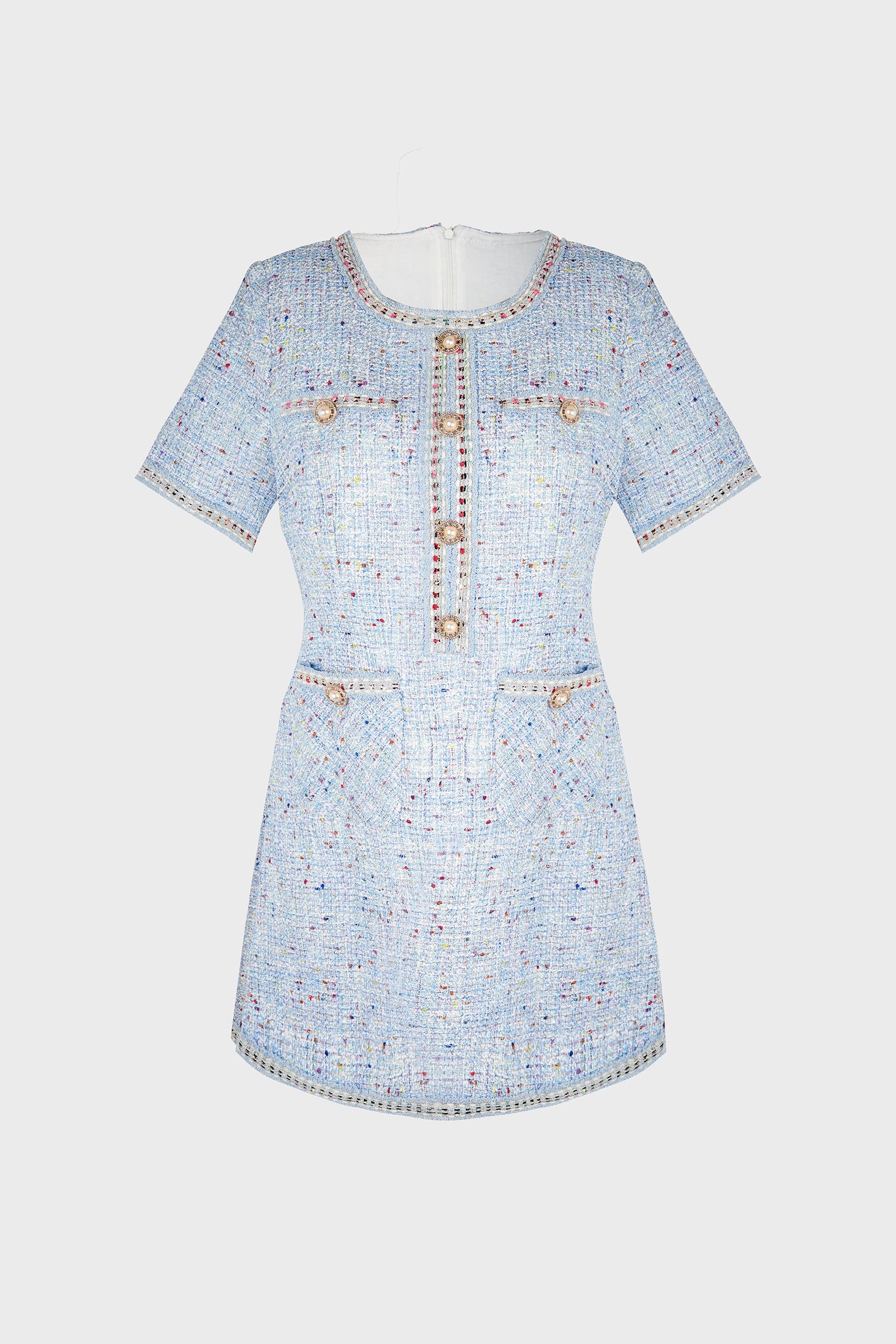Round Neck Tweed Button Front Flap Pocket Braided Trim Mini Dress