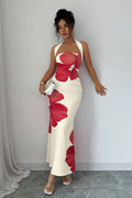 Halter Neck Wide Strap Large Floral Print Bodycon Maxi Dress