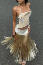 Stylish Halter Neck Lace Up Tassel Pendant Backless Top