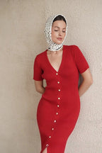 V-Neck Ribbed Knit Pearl Button Short Sleeve Bodycon Midi Sweater Dress