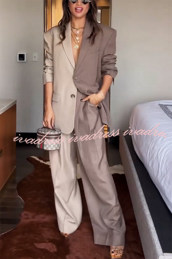 Girl Boss Avant-garde Contrast Colors Lapel Boyfriend Blazer and Pocketed Wide Leg Pants Set