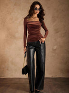 Brown Square Neck Ruched Long Sleeve Slim Fit Top For Women 2026