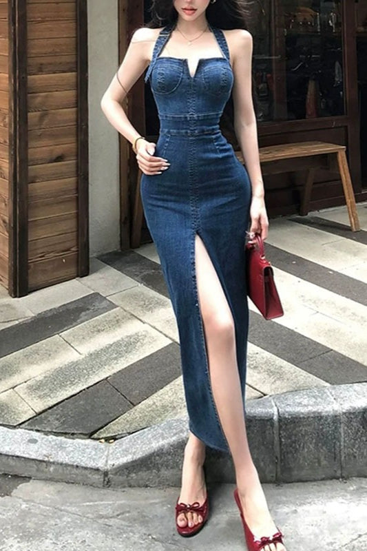 Denim Halter Neck Corset Bustier High Split Bodycon Maxi Dress
