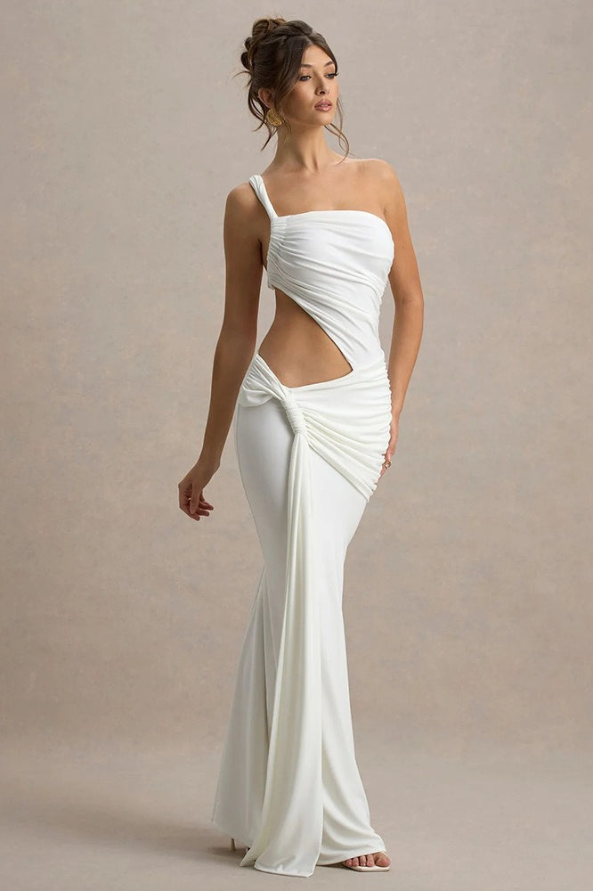 One Shoulder Ruched Side Cut Out Knot Detail Mermaid Maxi Dress