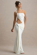 One Shoulder Ruched Side Cut Out Knot Detail Mermaid Maxi Dress