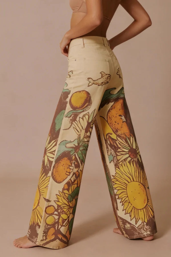We The Free Denim Playful Doodle Printed Mid Rise Pocket Wide Leg Jeans