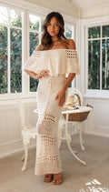 Crochet Off Shoulder Ruffle Overlay Drawstring Tassel Maxi Dress
