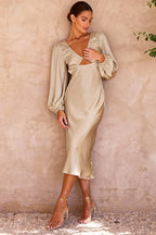 Satin Deep V-Neck Puff Sleeve Bust Cut Out Midi Dress