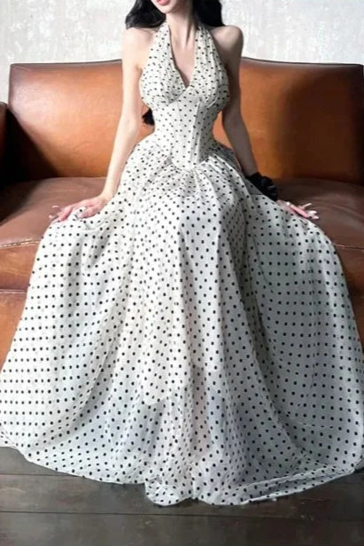 Polka Dot Halter Neck Deep V-Neck Corset Bodice Full A-Line Tulle Overlay Maxi Dress