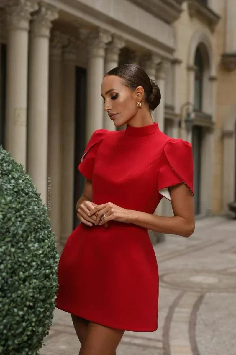 Mock Neck Petal Puff Sleeve Structured A-Line Mini Dress