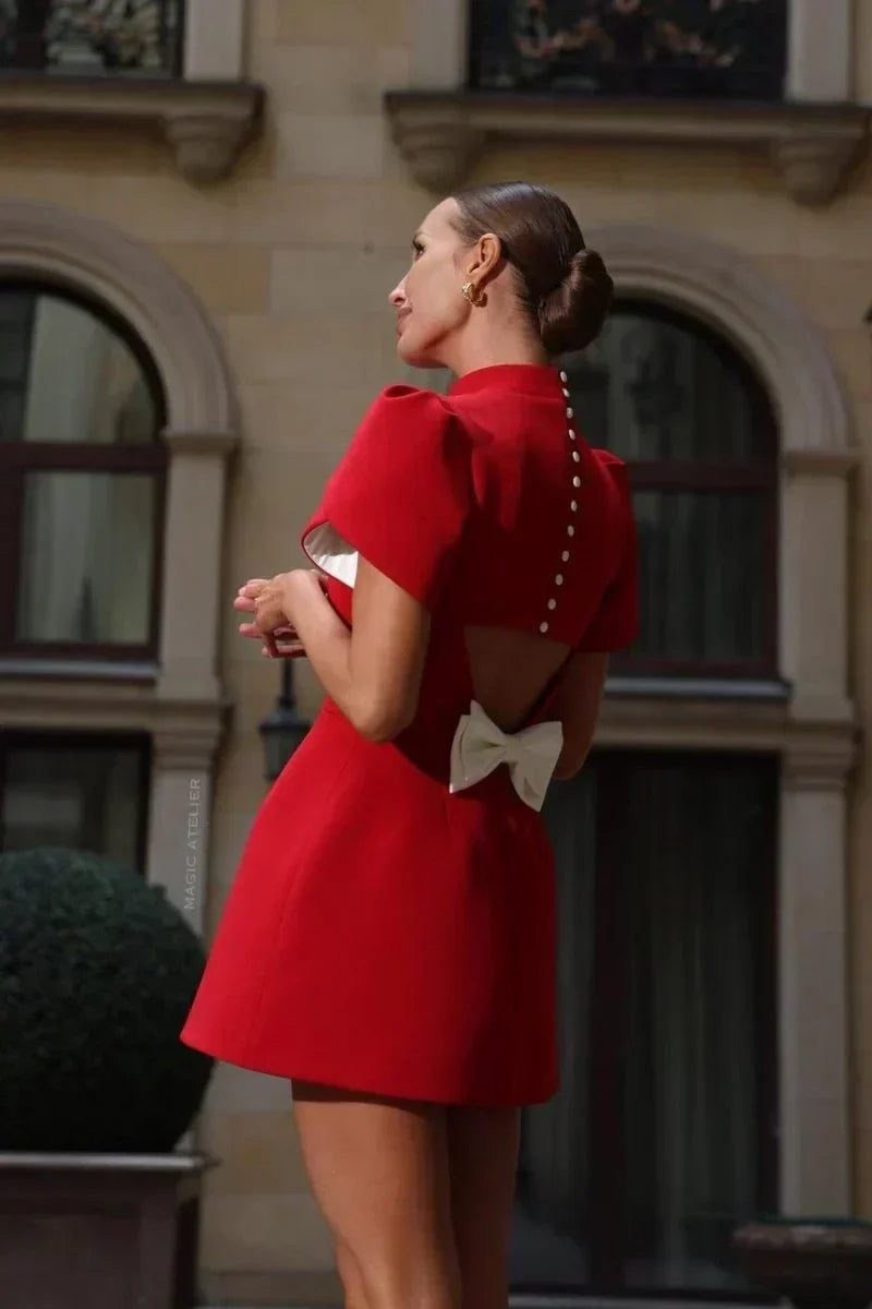 Mock Neck Petal Puff Sleeve Structured A-Line Mini Dress