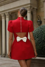Mock Neck Petal Puff Sleeve Structured A-Line Mini Dress