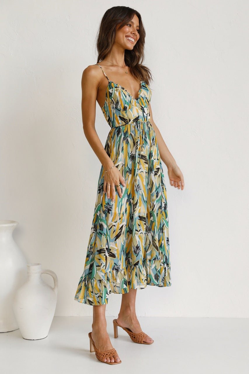 Fabiola Effortless Printed Midi Summer Dress with Ruffle Trim Elevated Occasion Wear