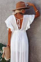 Deep V Neck Ruffle Sleeve Drawstring Waist Button Front Pocket Maxi Dress