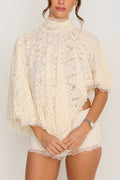 Stylish Openwork Lace Loose Top and Side Zipper Slim-fit Shorts Set