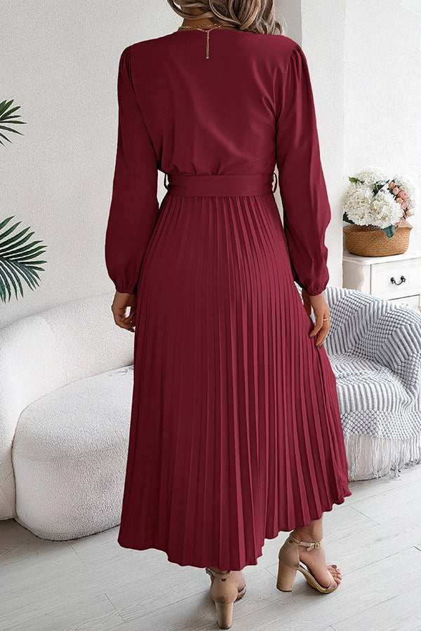 Deep V-Neck Bishop Sleeve Button Front Pleated Belted Midi Dress