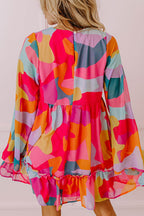Laura Effortless Long Sleeve Mini Dress with Ruffle Hem and Color Block V Neck Statement Occasion Edit
