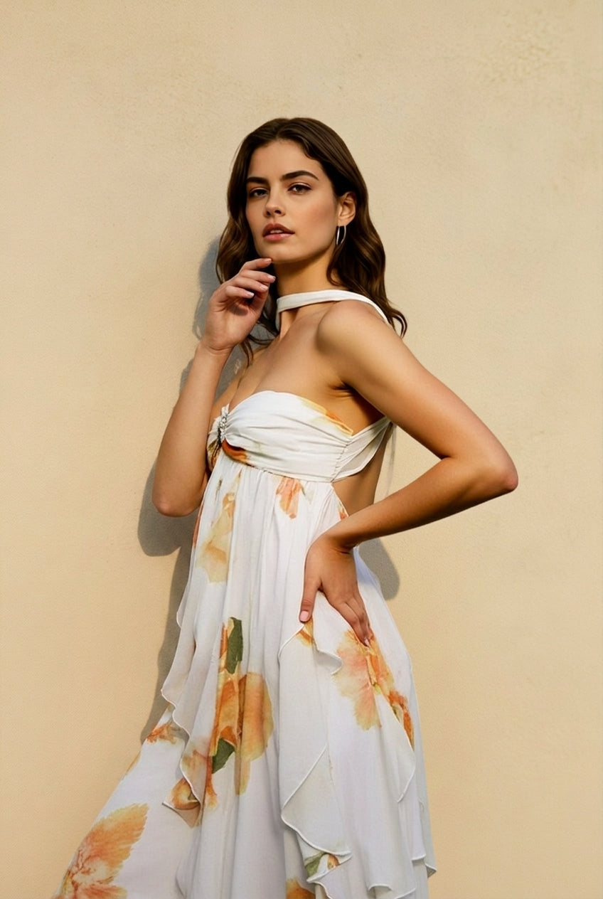 Floral Print Halter Brooch Ruched Tiered Ruffle Backless Maxi Dress