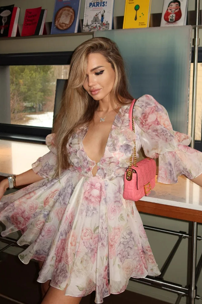 Floral Print Puff Sleeve Deep V-Neck Keyhole Cut Out Ruffle Hem Mini Dress