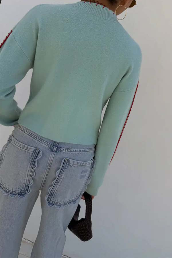 Coastal Fashion Knit Octopus Graphic Contrast Piping Button Up Loose Cardigan